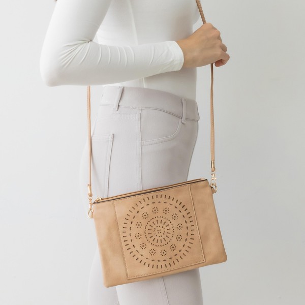 Laser Cut Tribal Sun Pattern Leather Envelope Crossbody Handbag With Removable Thin Leather Strap

- Zipper Closure
- Lined Inside
- One External Back Pocket
- Strap Drop Length Approximately 26" Long
- Approximately 6" Tall x 9" Long x 1" Wide
- 100% PU