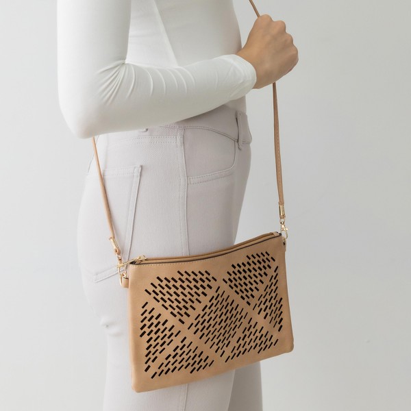 Geometric Laser Cut Leather Envelope Crossbody Handbag With Removable Thin Leather Strap

- Zipper Closure
- Lined Inside
- One External Back Pocket
- Strap Drop Length Approximately 26" Long
- Approximately 6" Tall x 9" Long x 1" Wide
- 100% PU