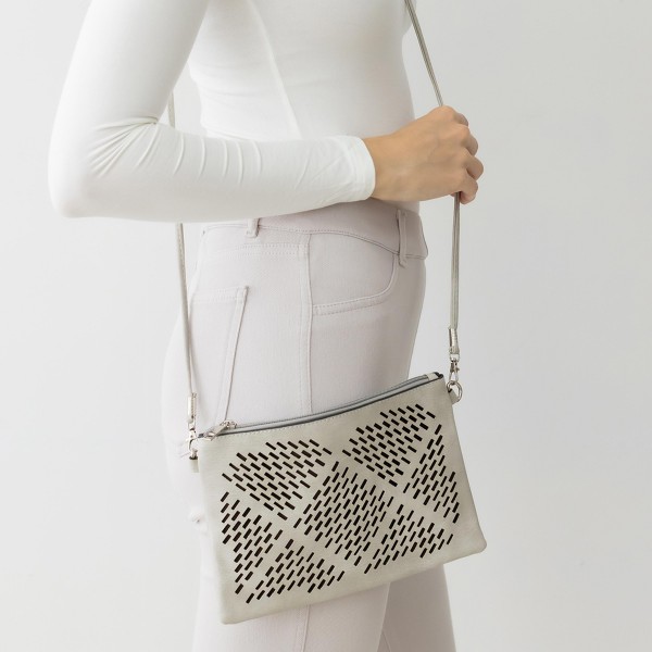 Geometric Laser Cut Leather Envelope Crossbody Handbag With Removable Thin Leather Strap

- Zipper Closure
- Lined Inside
- One External Back Pocket
- Strap Drop Length Approximately 26" Long
- Approximately 6" Tall x 9" Long x 1" Wide
- 100% PU