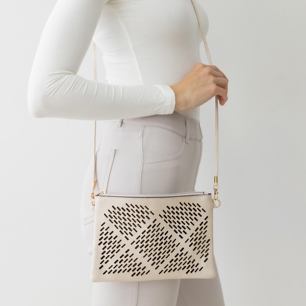 Geometric Laser Cut Leather Envelope Crossbody Handbag With Removable Thin Leather Strap

- Zipper Closure
- Lined Inside
- One External Back Pocket
- Strap Drop Length Approximately 26" Long
- Approximately 6" Tall x 9" Long x 1" Wide
- 100% PU