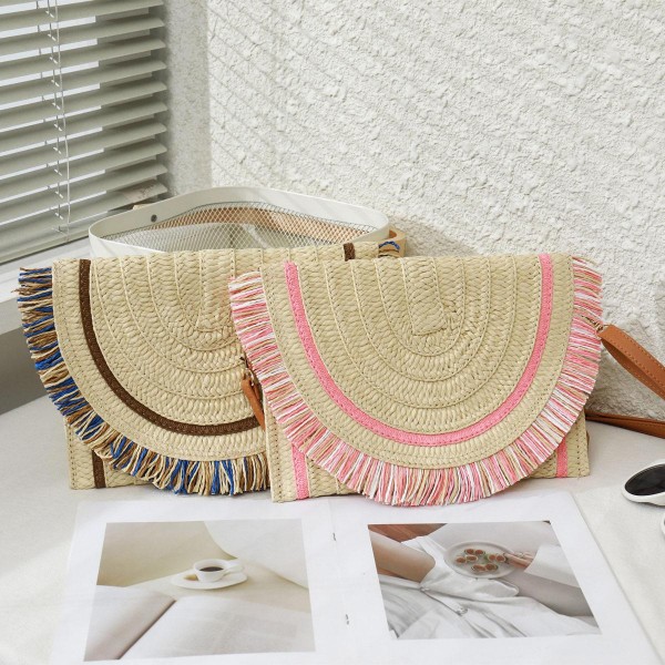 Straw Handbag With Multi-Color Fringe Hem and Detachable Faux Leather Strap

- Magnetic Closure
- Approximately 8" Long x 12" Wide
- Adjustable Strap 29" - 53" Long