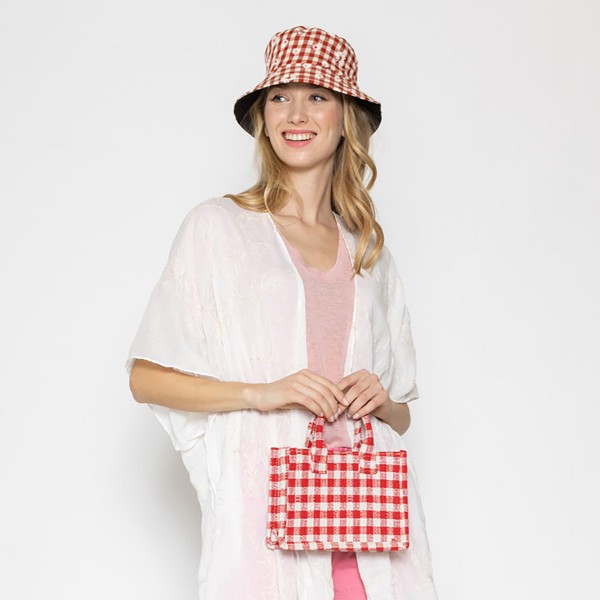 Gingham Mini Satchel With Matching Shoulder Strap

- 100% Polyester
- Approximately 6.25" H x 9" W 
- 3.25" Handles
- Shoulder Strap Drop 18.5"
- Inside Pocket
- Magnet Closure