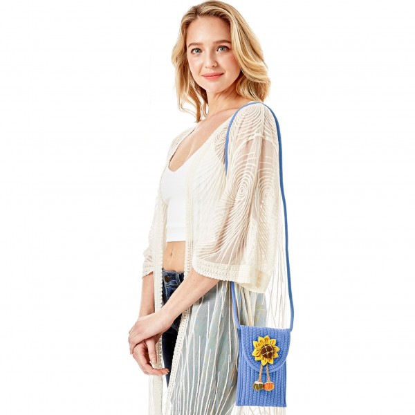 Knit Envelope Crossbody Handbag Featuring Sunflower Applique

- Magnetic Closure
- Strap Drop Length Approximately 23" L
- Approximately 8" H x 4.75" W
- 100% Cotton