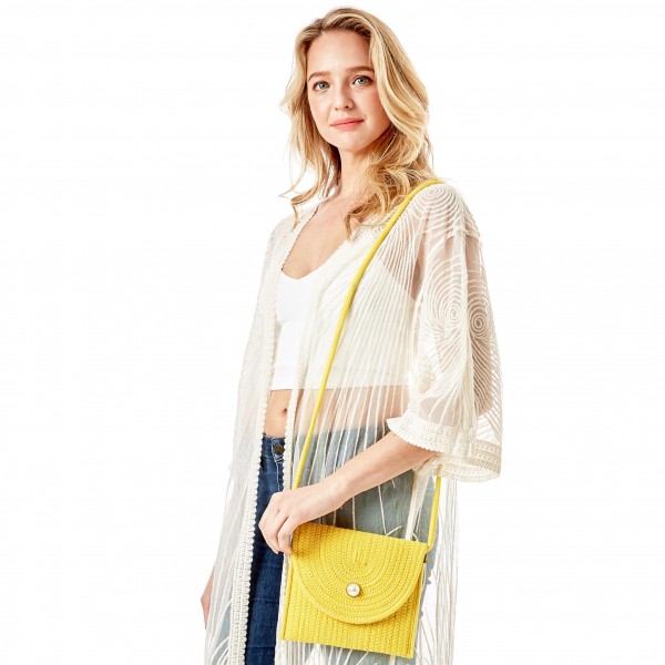 Knit Envelope Crossbody Handbag With Pearl Magnet Closure

- Strap Drop Length Approximately 23" L
- Approximately 8" L x 6"H
- 100% Cotton