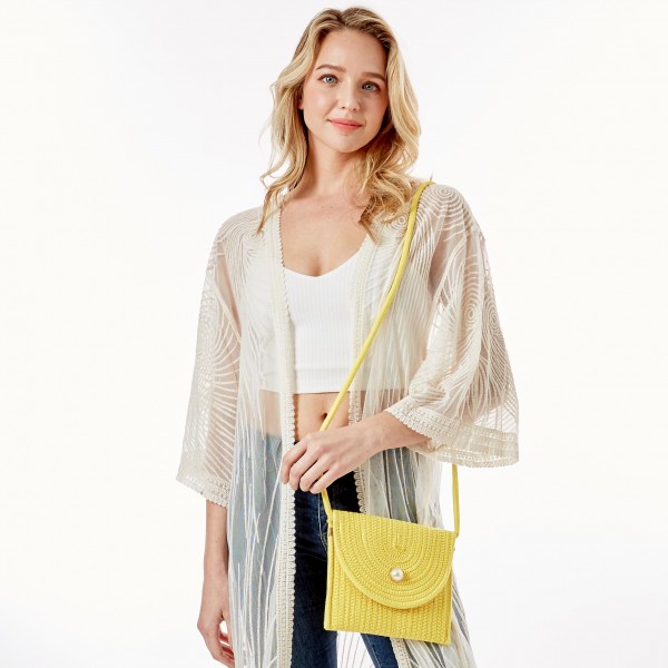 Knit Envelope Crossbody Handbag With Pearl Magnet Closure

- Strap Drop Length Approximately 23" L
- Approximately 8" L x 6"H
- 100% Cotton