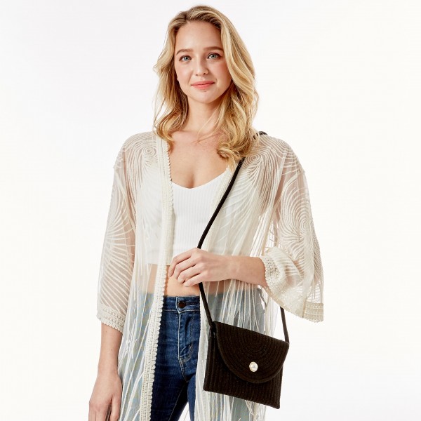 Knit Envelope Crossbody Handbag With Pearl Magnet Closure

- Strap Drop Length Approximately 23" L
- Approximately 8" L x 6"H
- 100% Cotton