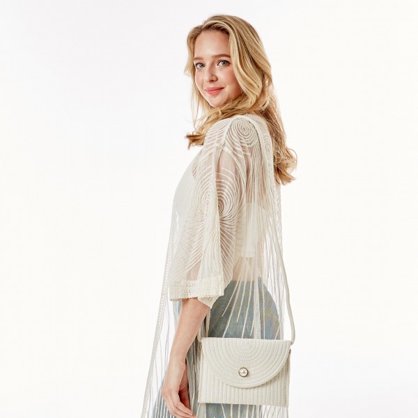 Knit Envelope Crossbody Handbag With Pearl Magnet Closure

- Strap Drop Length Approximately 23" L
- Approximately 8" L x 6"H
- 100% Cotton