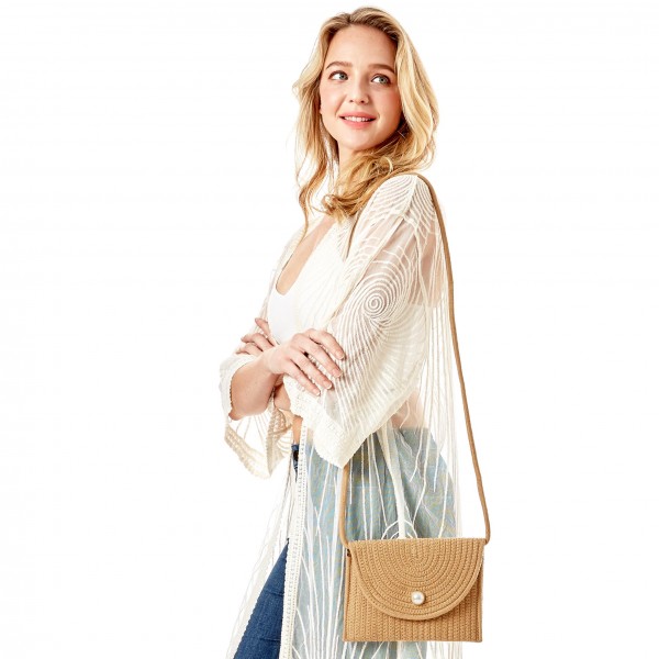 Knit Envelope Crossbody Handbag With Pearl Magnet Closure

- Strap Drop Length Approximately 23" L
- Approximately 8" L x 6"H
- 100% Cotton