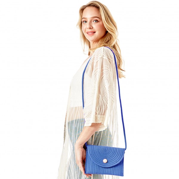 Knit Envelope Crossbody Handbag With Pearl Magnet Closure

- Strap Drop Length Approximately 23" L
- Approximately 8" L x 6"H
- 100% Cotton