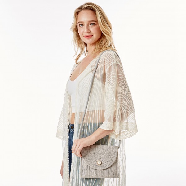Knit Envelope Crossbody Handbag With Pearl Magnet Closure

- Strap Drop Length Approximately 23" L
- Approximately 8" L x 6"H
- 100% Cotton