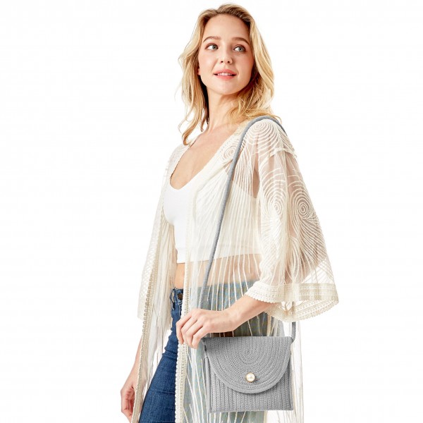 Knit Envelope Crossbody Handbag With Pearl Magnet Closure

- Strap Drop Length Approximately 23" L
- Approximately 8" L x 6"H
- 100% Cotton