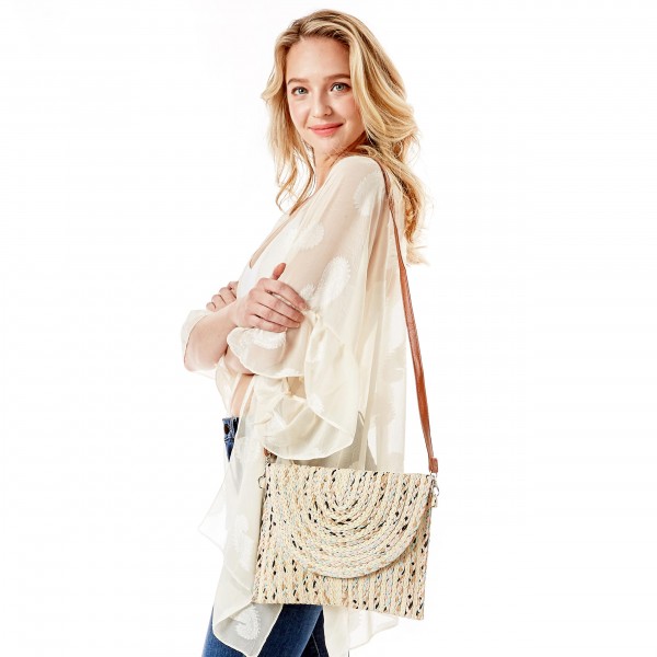 Multi-Colored Straw Envelope Handbag

- Convertible: Clutch or Crossbody
- Removable Strap Length 28.5" - 57" L
- Approximately 11.5" W x 8.5" H
- 100% Paper