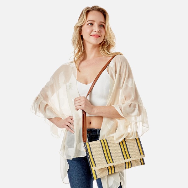 Striped Straw Envelope Handbag

- Convertible: Clutch or Crossbody
- Removable Strap Length 28.5" - 57" L
- Approximately 12.5" W x 8.5" H
- 100% Paper
