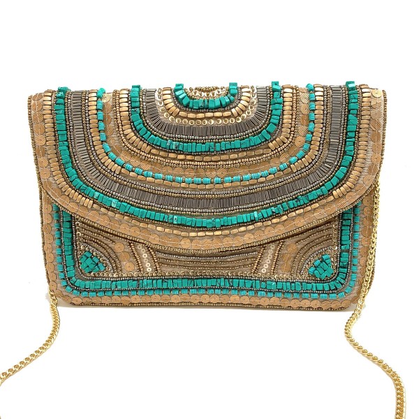 Wholesale gold Turquoise Beaded Canvas Clutch Magnetic Closure Lined Inside Spot