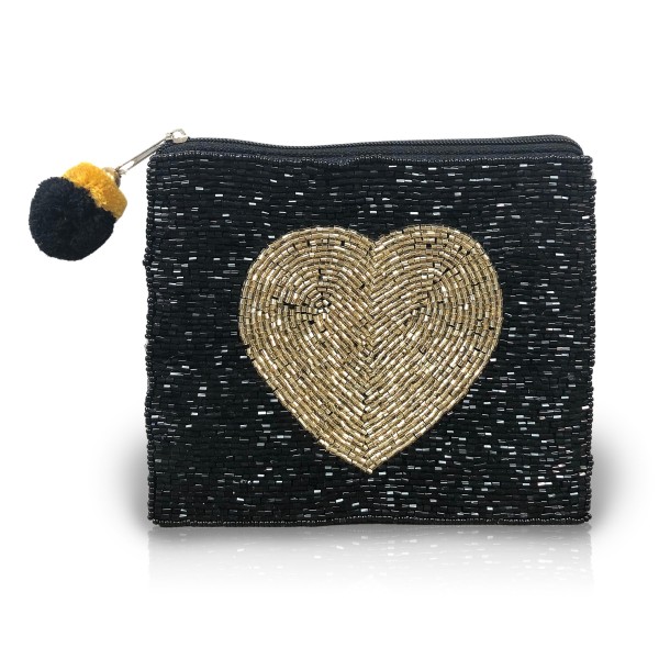 Wholesale heart Beaded Canvas Pouch Pom Pom Zipper Fully Lined Inside Spot Clean