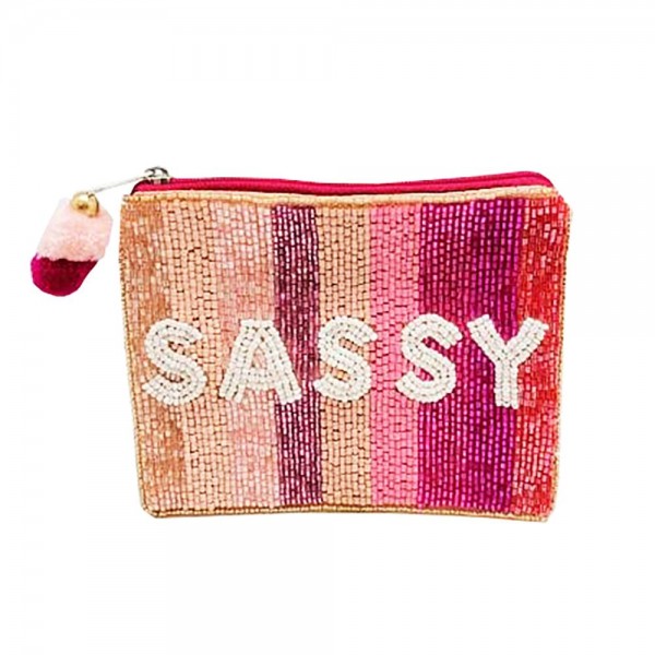 Pink Stripe Beaded Sassy Canvas Pouch With Pom Pom Zipper

- Fully Lined Inside
- Spot Clean Only
- Approximately 5.5" Wide by 4.25" Deep