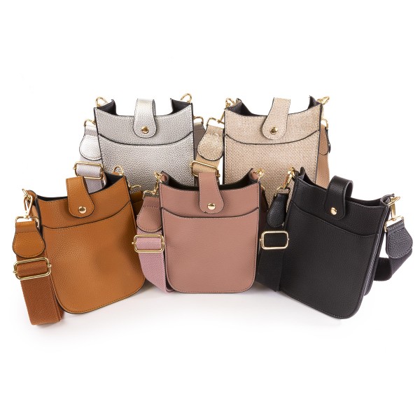 Vegan Leather Cross Body Bag With Snap Latch Closure

- One Outer Open Pocket
- Detachable/Adjustable Canvas Strap
- Approximately 8" T x 6" L x 3" W
- Strap Drop 15" - 24" L