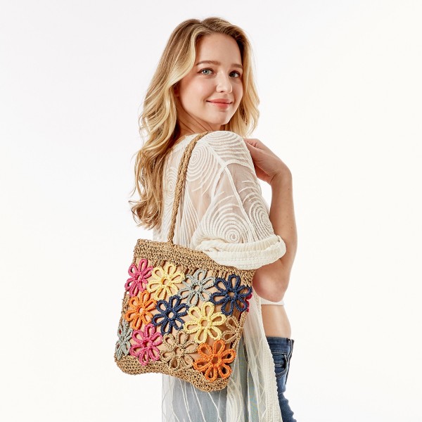 Crocheted Flower Straw Shoulder Tote Bag

- Zipper Closure
- Lined
- One Internal Pocket
- Strap Drop Approximately 11" L
- Approximately 11" W x 10" H x 3.5" D
- 100% Paper
