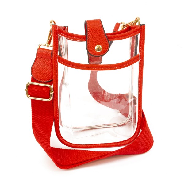 Clear PU Handbag With Matching Strap and Leather Hemlines

- Magnetic Closure
- One Outer Pocket
- Adjustable and Removable Canvas Strap Approximately 14" - 23" Drop
- Approximately 8"T x 6"L x 2"W
- Material: PU