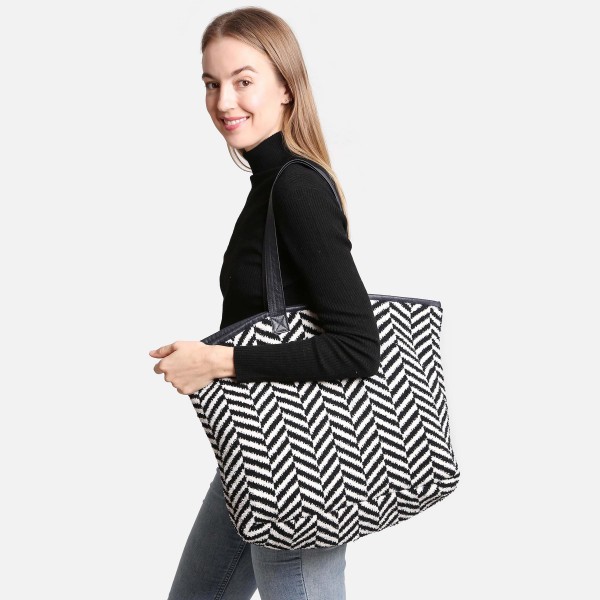 Wholesale comfyLuxe Herringbone Knit Tote Bag Lined Magnetic Closure Two Interna