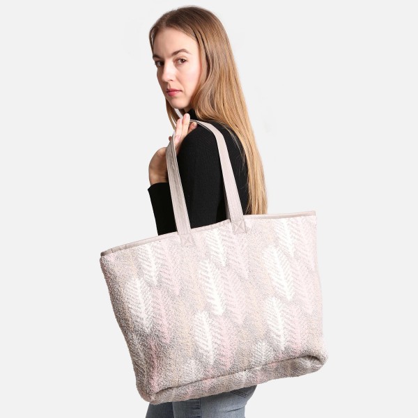 Wholesale comfyLuxe Boho Feather Print Knit Tote Bag Lined Magnetic Closure Two