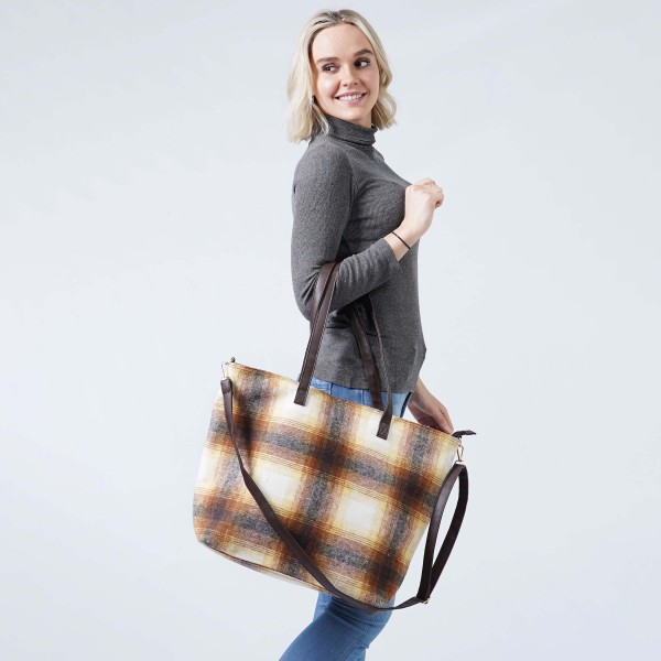 Plaid Flannel Tote Bag With Matching Wristlet Pouch

- Zipper Closure
- Detachable Cross Body Strap
- Lined
- One Internal Zip Pocket
- 100% Polyester
- Approximately 18.5" W x 13" H x 5" D
- Wristlet Approximately 7" W x 5" H