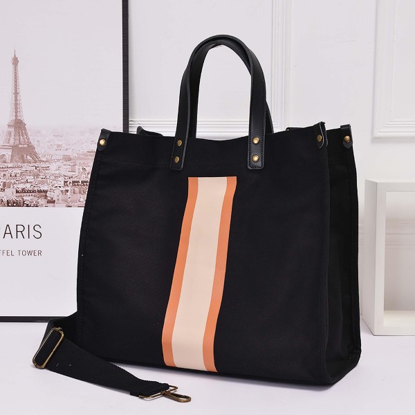 Wholesale canvas Tote Bag Genuine Leather Top Handle Contrast Stripe Magnetic Cl