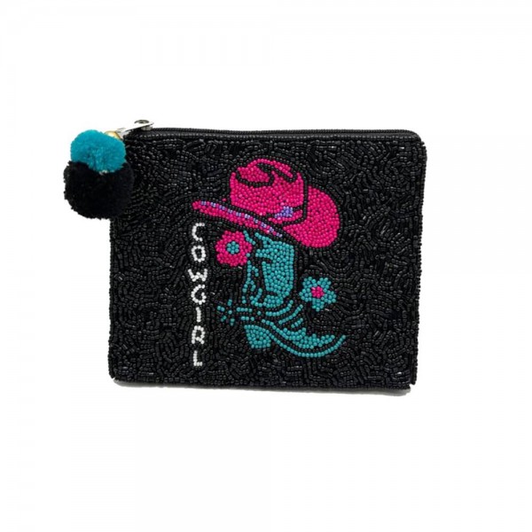 Cowgirl Boot And Hat Beaded Canvas Bag With Pom Pom Zipper 

- Fully Lined Inside
- Spot Clean Only
- 100% Cotton Bag
- Approximately 5.5" W X 4.5" L