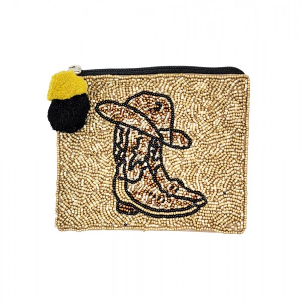 Cowboy Boot Gold Beaded Canvas Bag With Pom Pom Zipper

- Fully Lined Inside
- Spot Clean Only
- 100% Cotton Bag
- Approximately 5.5" W X 4.5" L
- Tan Bag