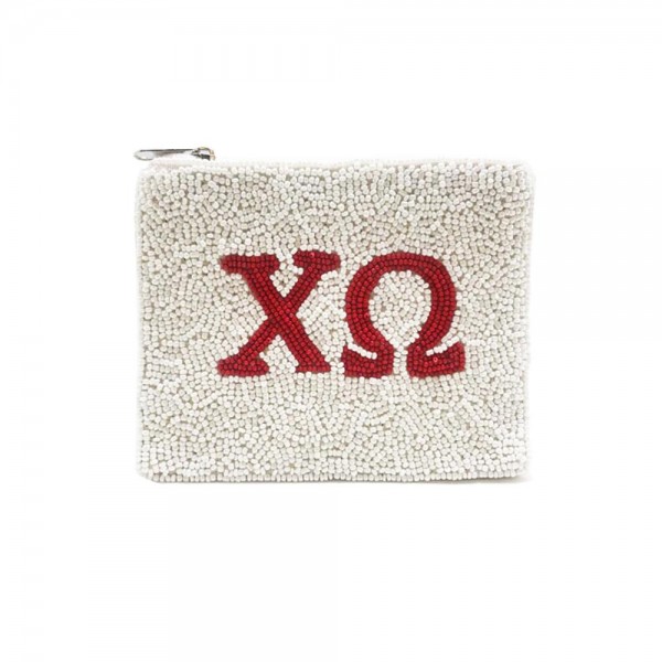 'Chi Omega' White And Red Beaded Canvas Bag 

- Affinity Licensed Product 
- Fully Lined Inside
- Spot Clean Only
- 100% Cotton Bag
- Approximately 5.5" W X 4.5" L
- White Bag 