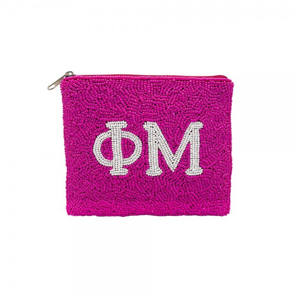 Phi Mu Beaded Canvas Bag With Zipper

- Affinity Licensed Product 
- Fully Lined Inside
- Spot Clean Only
- 100% Cotton Bag
- Approximately 5.5" W X 4.5" L
- Pink Bag 