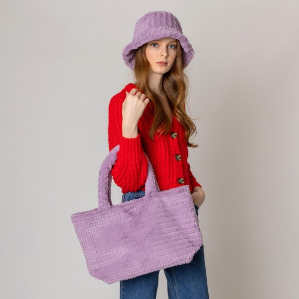 Do Everything In Love Textured Chevron Faux Fur Tote Bag - Magnetic Button Closure - One Lined Body With 2 Internal Side Pockets - Approximately 12.75" WX 11" HX 6.5" D - 100% Polyester view 5