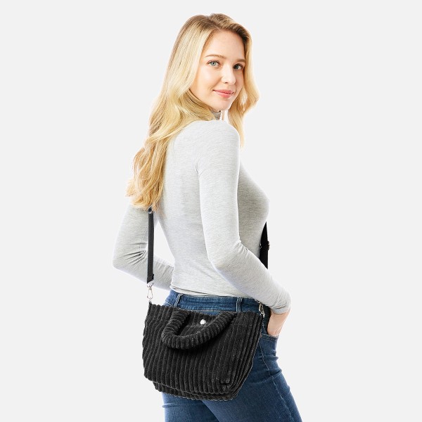 Thick Fuzzy Cord Hand Bag With Matching Removable Adjustable Cross Body Strap

- Magnetic Closure
- One Inner Pocket
- Adjustable Strap
- Approximately 11" L x 7" T x 4" D
- 88% Polyester / 12% Nylon