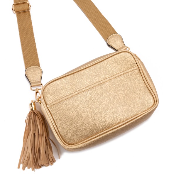 Solid Color Leather Handbag With Matching Strap and Tassel Keychain

- Lined Inside
- Zipper Closure
- Two Large Inner Pockets / One With Zipper Closure
- Adjustable and Removable Canvas Strap Approximately 14" - 23" Drop
- Approximately 6"T x 10"L x 2.5"W
- Material: Faux Leather