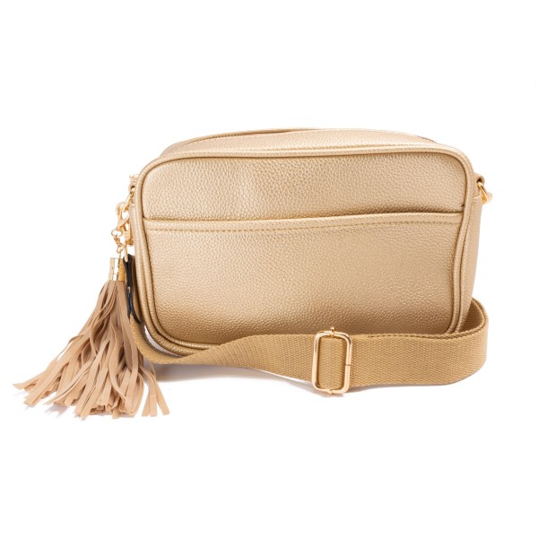 Solid Color Leather Handbag With Matching Strap and Tassel Keychain

- Lined Inside
- Zipper Closure
- Two Large Inner Pockets / One With Zipper Closure
- Adjustable and Removable Canvas Strap Approximately 14" - 23" Drop
- Approximately 6"T x 10"L x 2.5"W
- Material: Faux Leather