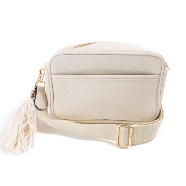 Solid Color Leather Handbag With Matching Strap and Tassel Keychain

- Lined Inside
- Zipper Closure
- Two Large Inner Pockets / One With Zipper Closure
- Adjustable and Removable Canvas Strap Approximately 14" - 23" Drop
- Approximately 6"T x 10"L x 2.5"W
- Material: Faux Leather