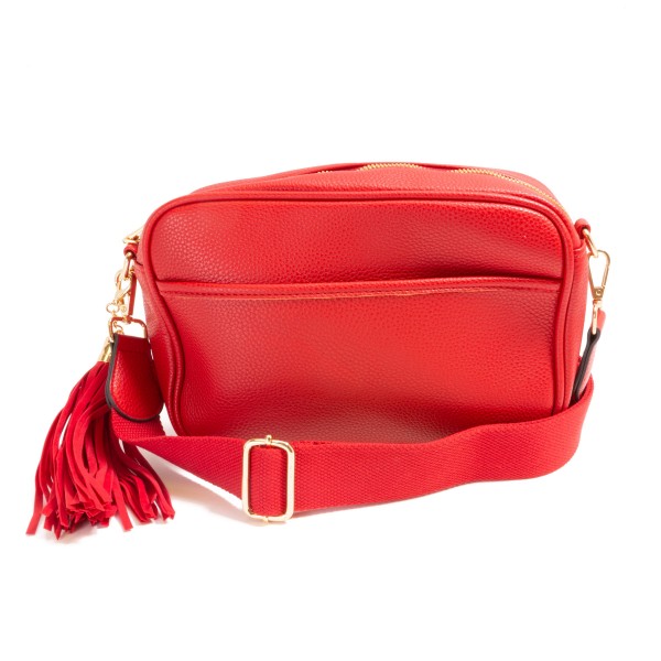 Solid Color Leather Handbag With Matching Strap and Tassel Keychain

- Lined Inside
- Zipper Closure
- Two Large Inner Pockets / One With Zipper Closure
- Adjustable and Removable Canvas Strap Approximately 14" - 23" Drop
- Approximately 6"T x 10"L x 2.5"W
- Material: Faux Leather