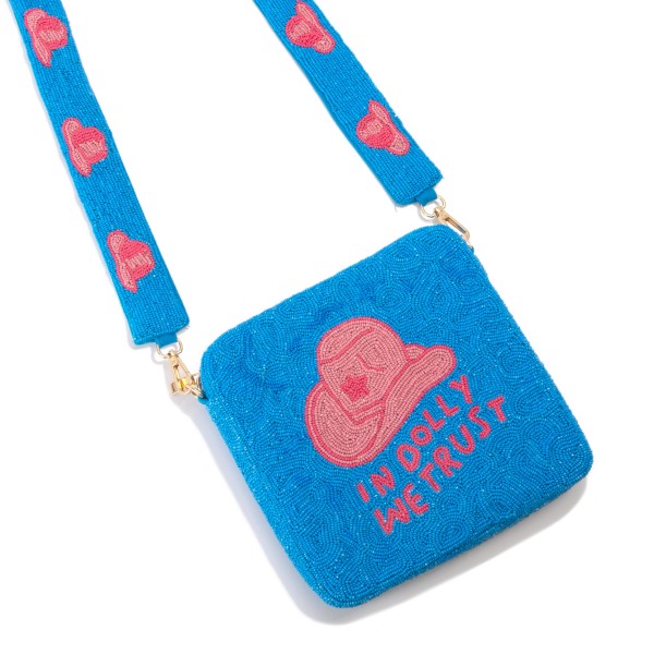 "In Dolly We Trust" Seed Beaded Bag With Matching Detachable Cowboy Hat Seed Bead Strap

- Zipper Closure
- Approximately 7.5" W x 7" T x 2" D
- Approximately 22" Drop