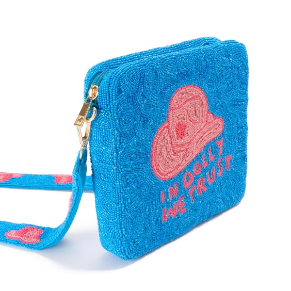 "In Dolly We Trust" Seed Beaded Bag With Matching Detachable Cowboy Hat Seed Bead Strap

- Zipper Closure
- Approximately 7.5" W x 7" T x 2" D
- Approximately 22" Drop