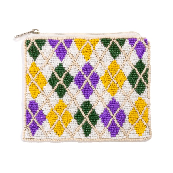 Mardi Gras Argyle Seed Bead Pouch

- Zipper Closure
- Fully Lined Inside
- 100% Cotton Bag
- Approximately 5.5"W x 4.5"T
