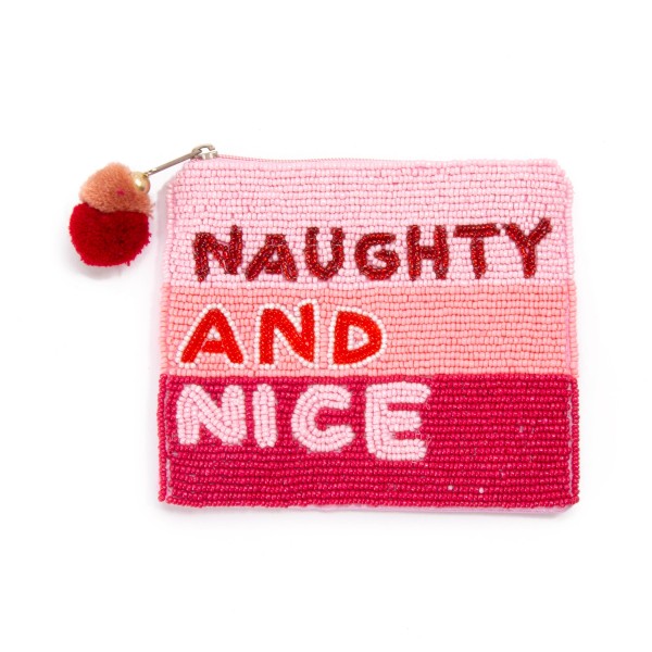Wholesale naughty Nice Beaded Canvas Bag Pom Pom Zipper Fully Lined Inside Cotto