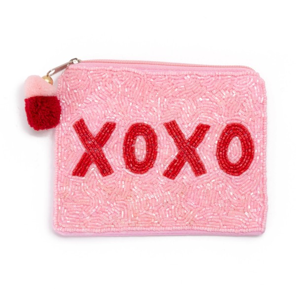 Wholesale xOXO Beaded Canvas Bag Pom Pom Zipper Fully Lined Inside Cotton Bag W