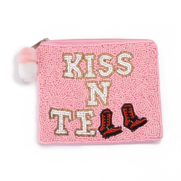 "Kiss n Tell" Beaded Canvas Pouch With Pom Pom Zipper

- Fully Lined Inside 
- 100% Cotton Bag 
- Approximately 5.5"W x 4.5"L