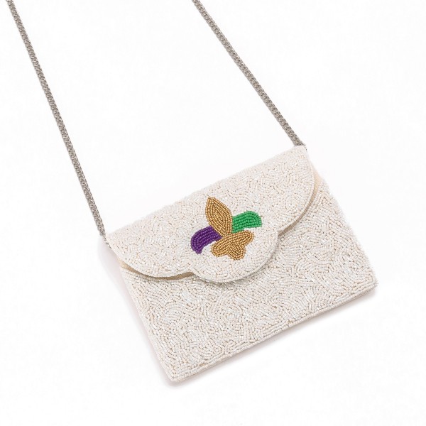 Fleur-de-lis Seed Beaded Handbag With Detachable Chain Strap 

- One Inner Pocket 
- Magnetic Closure 
- Approximately 7"W X 4.5"T
- Approximately 21" Drop 