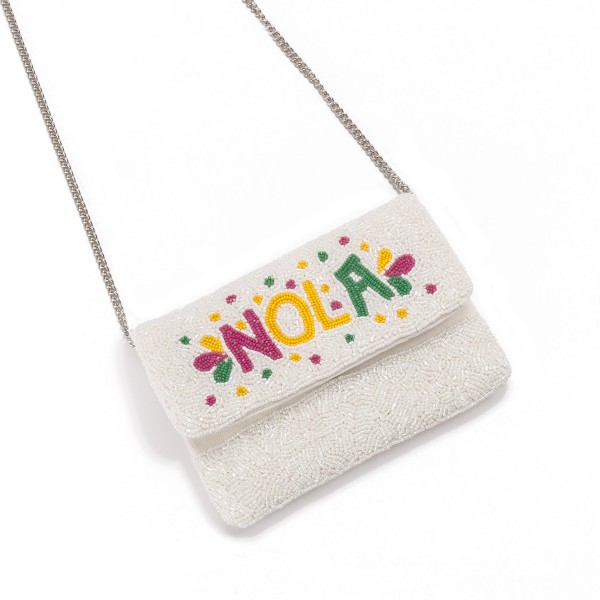 NOLA Seed Beaded Handbag With Detachable Chain Strap 

- One Inner Lined Pocket
- Magnetic Closure 
- Approximately 7"W X 4.5" T
- Approximately 21" Drop