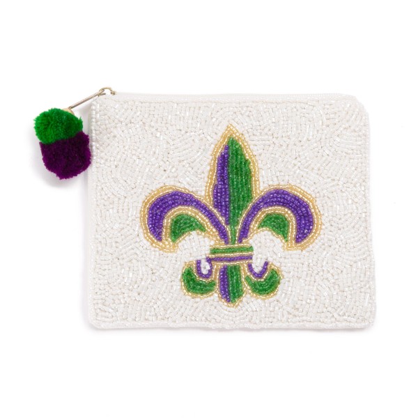 Fleur-de-lis Beaded Canvas Bag With Pom Pom Zipper

- Fully Lined Inside
- 100% Cotton Bag
- Approximately 5.5"W X 4.5"L