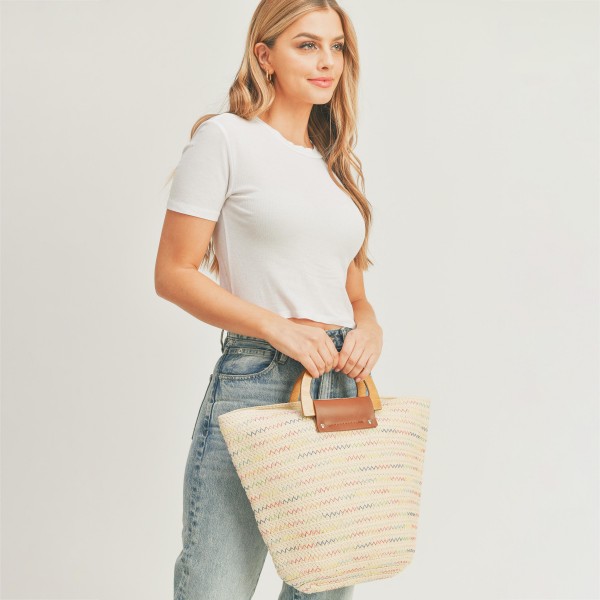 Woven Straw Bag With Wooden And Leather Handles - Full Zipper Closure - Lined Body - One Internal Pocket - Material : 100% Paper - Approximately 14" W X 14" T view 5