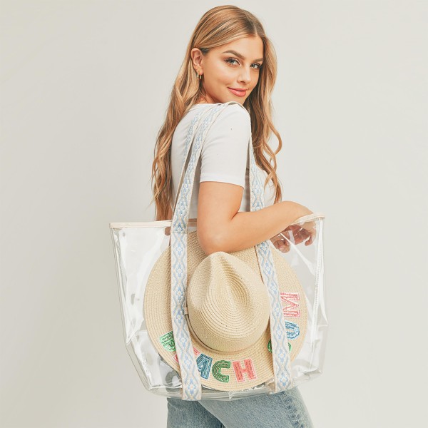 Clear Beach Tote Bag With Multi-Colored Canvas Straps and Hat Carry Insert

- 100% PVC
- Approximately 19"W x 14"H x 5"D