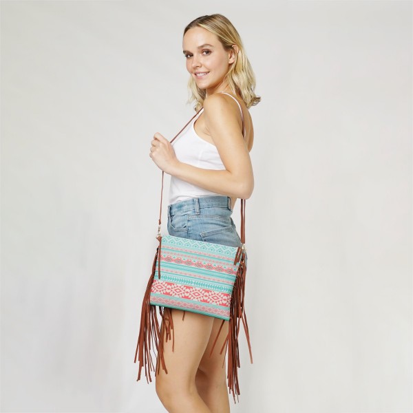 Wholesale aztec Crossbody Canvas Bag Side Tassel Detail Full Zipper Closure Full