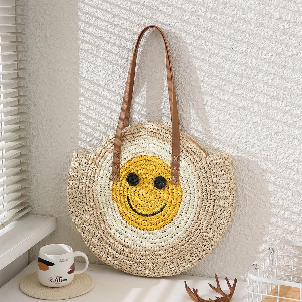 Wholesale circular Woven Straw Smile Tote Bag Zipper Closure Lined Body One Inte
